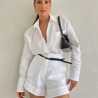 Women White Blue Lapel Button Shirts 2 Pieces Sets Casual Solid Long Sleeve Blouse High Waist Shorts Set Summer Elegant Suit