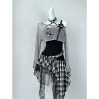 Gothic Aesthetic Hot Girl Plaid Slim 2-piece Set Women High Street Vintage Grey Overclothes + New Irregular Slash Neck Dresses