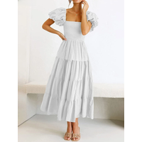 Womens Puffy Short Sleeve Square Neck Smocked Tiered Maxi Dress Summer Boho Beach Flowy A Line Long Wedding Guest Party Dress