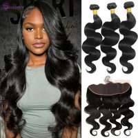 Vague de corps 3 paquets avec paquets de cheveux humains frontaux avec 13x4 dentelle frontale naturel noir vague de corps cheveux vierges cheveux 13x4 Frontal