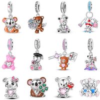 925 Sterling Silver Cute Flower Bear Cute Rose Bear Charms Pendants Fit 925 Original Bracelets DIY Birthday Jewelry Gift