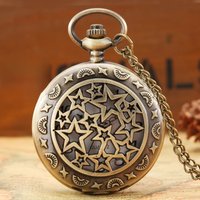 Hollow Stars Design Quartz Pocket Watch Bronze Chain Necklace Pendant Clock Gifts Men Women Antique Collect Timepiece