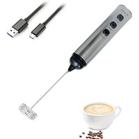 3-speed rechargeable automatic handheld stainless steel milk frother, suitable for cappuccino, matcha, and quick coffee brewing.