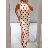 Women Polka Dot Dress Halter Mock Neck Sleeveless Long Dresses Elegant Red Dot Maxi Vestidos French Vintage Summer Outfits