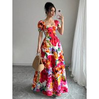 Red Digital Print Square Neck Long Dress 2026 New, Women Summer Elegant Maxi Dress, Ideal for Dating & Daily Wear