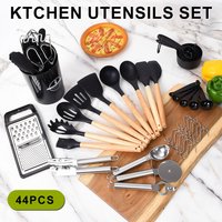 44Pcs Silicone Utensils Set Kitchen Accessories Black Non-Stick Cookware Wooden Handle Spatula Shovel Egg Beaters Kitchenware