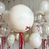2 bow balloons, white balloons, transparent BOBO balloons, satin bows, suitable for weddings, birthdays, and bridal showers