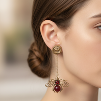 Vintage Gold Color Rose Bee Dangle Earrings for Women Red Stone Insect Drop Earrings Fashion Jewelry Gift for Daily Party