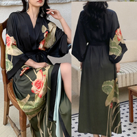 New Spring Summer Female Long Robe Nightgown Sexy Print Flower Kimono Bathrobe Gown Casual Silk Satin Home Dress Lounge Wear