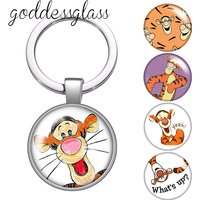 Pooh Friends Tigger Cute Cartoon Tiger glass cabochon keychain Bag Car key chain Ring Holder Charms keychains gift