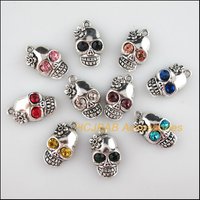 10 New Skulls Charms Retro Mixed Crystal Halloween Pendants Tibetan Silver Tone 13x22mm HCJBAB