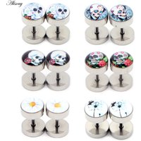 Alisouy 2pcs Fashion Punk Double Sided Round Flower Skull Ear Stud Earrings Male Gothic Barbell Earrings Men women Jewelry Gift