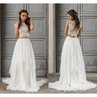LSYX Customized Boho Wedding 2 Pieces Bohemian Vintage Sleeveless Sexy Lace Beach Bride Dresses Train Elegant Chiffon Bridal