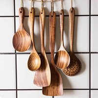 Lot de 1 à 9 pièces d'ustensiles de cuisine en bois de teck naturel : cuillère, cuillère passoire, cuillère à soupe spéciale nano, cuillère à écrémer, kit d'outils de cuisine en bois