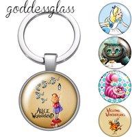 Alice in Wonderland Alice Cheshire cat white rabbit glass cabochon keychain Bag Car key chain Ring Holder Charms keychains gift