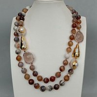 Y·YING 2 Strands 12mm Faceted Round Brown Fire Agates Crystal Pearl Quartz Druzy Choker Necklace 21"