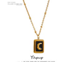 Yhpup Stainless Steel Enamel Moon Pendant Necklace Jewelry Stylish Metal Square Temperament Collar Anniversary Gift Waterproof