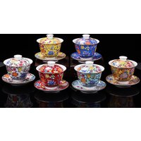 HMLOVE White Porcelain Sancai Gaiwan Color Enamel Cover Bowl Lid Saucer Vintage Handmade Tea Tureen Teaware Sets Gift 200ML