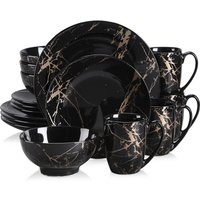 2021 LOVECASA Black 16/32/48 Piece Procelain Dinnerware Set Design By Gold Splash with Dinner Plate,Cake plate,Bowls,Coffee Cups