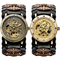 Antique Skeleton Dial Men Automatic Mechanical Watch Vintage Gothic Clock Steampunk Self Winding Watches Brown Rock Reloj Hombre