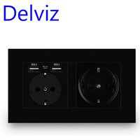 Delviz Wand-USB-Steckdose, schwarze Frontplatte, Ladeanschluss, AC 110~250V 146mm * 86mm, 16A Doppelrahmen EU-Standard USB-Steckdose