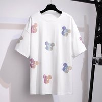 170Kg Plus Size Women's Summer Loose Rhinestone Bear T-Shirt Bust 170cm 6XL 7XL 8XL 9XL 10XL 11XL Short-Sleeved Top Black White