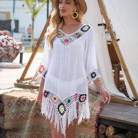 CROCHET BIKINI blanc Bikini couvrir avec frange garniture femmes Sexy creux tunique robe de plage été maillot de bain maillots de bain