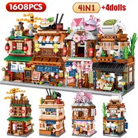 Mini City Street View Noodle Shop House Building Blocks 4 in 1 Japanese Architecture Friends Figures Bricks Toys DIY Gifts