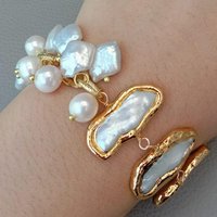 Y·YING 8'' Natural Top-Drilled Square Round Biwa Freshwater Pearl pave gold Color plated Chain wrap Bracelet
