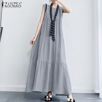 ZANZEA 2024 Stylish Women's Tiered Sundress Solid Summer Dress Casual Sleeveless Maxi Vestidos Female O neck Robe Oversized