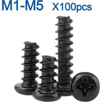 100pcs/lot Cross Recessed Pan Head Self-tapping Screw M1 M1.2 M1.4 M1.7 M2 M2.3 M2.6 M3 M3.5 M4 M5 Black Carbon Steel Phillips