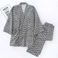 Japanese Style Pajamas for Men Women Kimono Wrap PJs Set Seigaiha Wave Print 100% Cotton Unisex Loungewear Sleepwear Suit