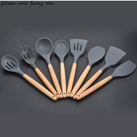 Silicone world Cooking Kitchenware Tool Silicone Utensils With Wooden Multifunction Handle Non-Stick Spatula Spoon Brush