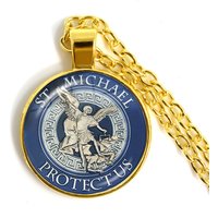 1pcs 25mm Glass Cabochon Necklace Archangel St.Michael Protect Me Saint Shield Protection Charm Russian Orhodox Pendant Jewelry