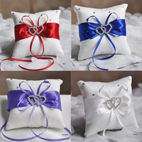 1pc White Red Blue Pillow Ribbon Bowknot Rhinestones Double Heart Satin Cushion European Wedding Decoration Party Supplies
