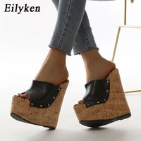 EilyKen-Pantoufles compensées à plateforme Peep Parker pour femmes, chaussures d'été noires, mules sexy à talons super hauts, sandales à rivets, taille 35-42