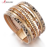 Amorcome Schlangenleder Muster Leder Armbänder für Frauen Trendy Metall Rohr Breite Multilayer Wrap Armband Weiblichen Schmuck Großhandel