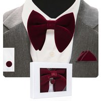 GUSLESON Velvet Big Bow Tie Men's Bowties Pocket Square Cufflinks Set with Gift Box Solid Red Yellow Necktie For Man Wedding
