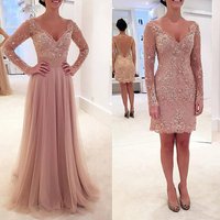Mother Of The Bride Dresses Formal Wedding Party Gowns 2025 Long Sleeves V-Neck Removable Train Dusty Pink Evening Gowns