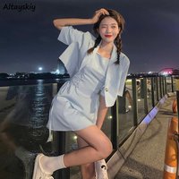 Dress Sets Women Solid Fashion Bandage Leisure Streetwear All-match Summer Crop Blazer Korean Style Sweet 2 Piece Outfits Female
