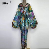 2022 WINYI Deep v neck Sexy bech Europe Summer feel silk rayon fashion print Maxi women's robes long beach V-neck Bohemian dress