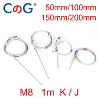 M8 K J Type with 1 Meter Wire Cable 50mm 100mm 150mm 200mm Probe Thermocouple Temperature Sensor 1m for Temperature Controller