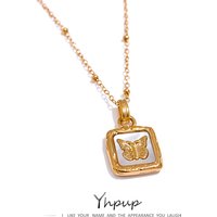 Yhpup Butterfly Shell Pendant Collar Stainless Steel Golden Square Trendy Fashion Necklace for Women Stylish Jewelry Gift