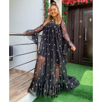 European and American fashion skirt African mom skirt elegant thick mesh cloth embroidered black long skirt + elastic inner skir