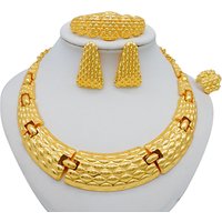 Luxury African Big Necklace For Women Dubai Gold Color Plated Jewelry Set Original Earrings Ring Bracelet Wedding Costumes Set
