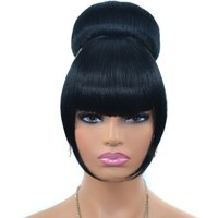 Jeedou Synthetic Spherical Updos Chignon With Bangs Clip In Hair Bun Pad Donut Rubber Band Hairpieces Black Color
