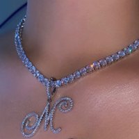 Bling Crystal Initial Cursive Letters Pendant Zircon Necklace For Women Men Stainless Steel Cuban Chain Necklace Hip Hop Jewelry