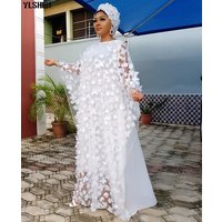 New African Dresses for Women Dashiki Lace Flower African Clothes Bazin Kaftan Boubou Robe Africain Dress Embroidery Long Dress