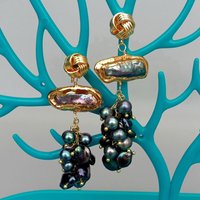 Y.YING Natural Freshwater Cultured Black Biwa Pearl Keshi Pearl Dangle Stud Earrings luxury style for women