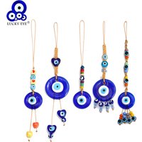 Lucky Eye Colorful Bead Tassel Braided Rope Wall Hanging Glass Blue Evil Eye Pendant Decoration for Home Living Room Car BE442